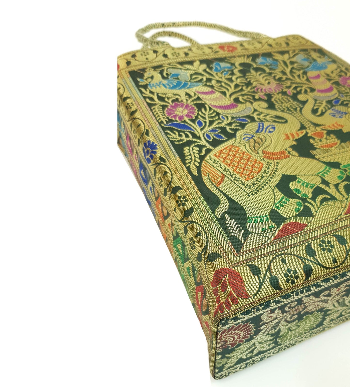 Handbag Ethnic Peacock Elephant Woven Zari Brocade Dark Green Shoulder Hand Bag