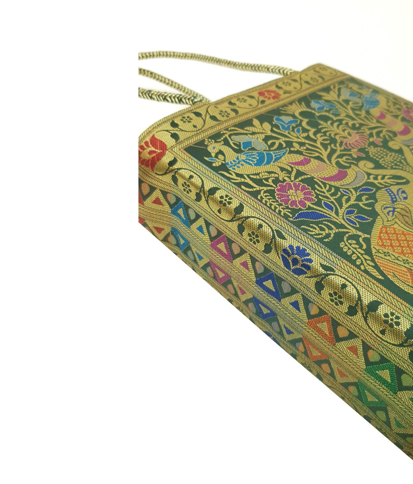 Handbag Ethnic Peacock Elephant Woven Zari Brocade Dark Green Shoulder Hand Bag