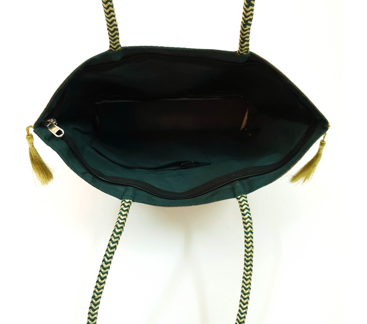Handbag Ethnic Peacock Elephant Woven Zari Brocade Dark Green Shoulder Hand Bag