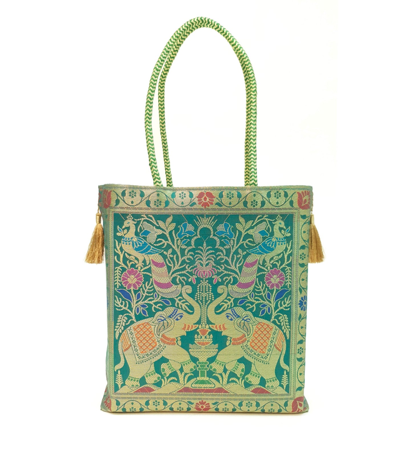 Handbag Ethnic Peacock Elephant Woven Zari Brocade Teal Green Shoulder Hand Bag
