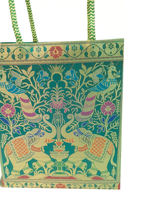 Handbag Ethnic Peacock Elephant Woven Zari Brocade Teal Green Shoulder Hand Bag