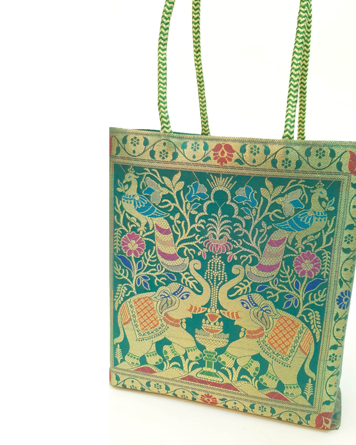 Handbag Ethnic Peacock Elephant Woven Zari Brocade Teal Green Shoulder Hand Bag