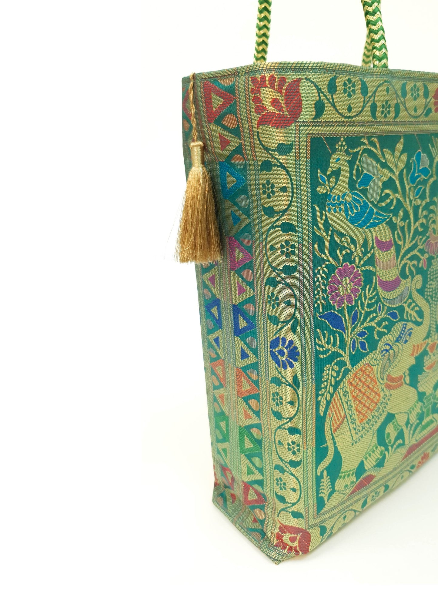 Handbag Ethnic Peacock Elephant Woven Zari Brocade Teal Green Shoulder Hand Bag