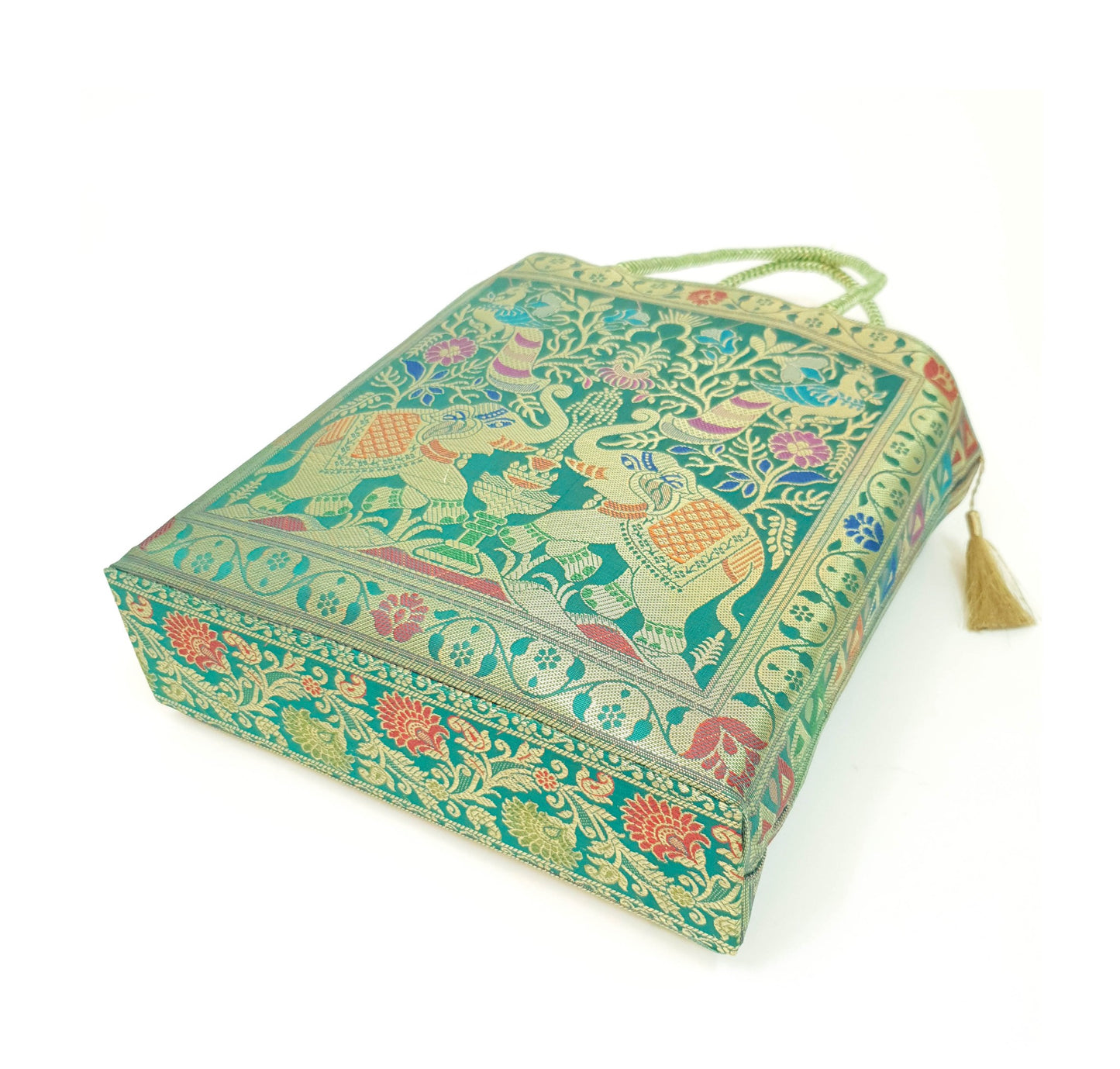 Handbag Ethnic Peacock Elephant Woven Zari Brocade Teal Green Shoulder Hand Bag