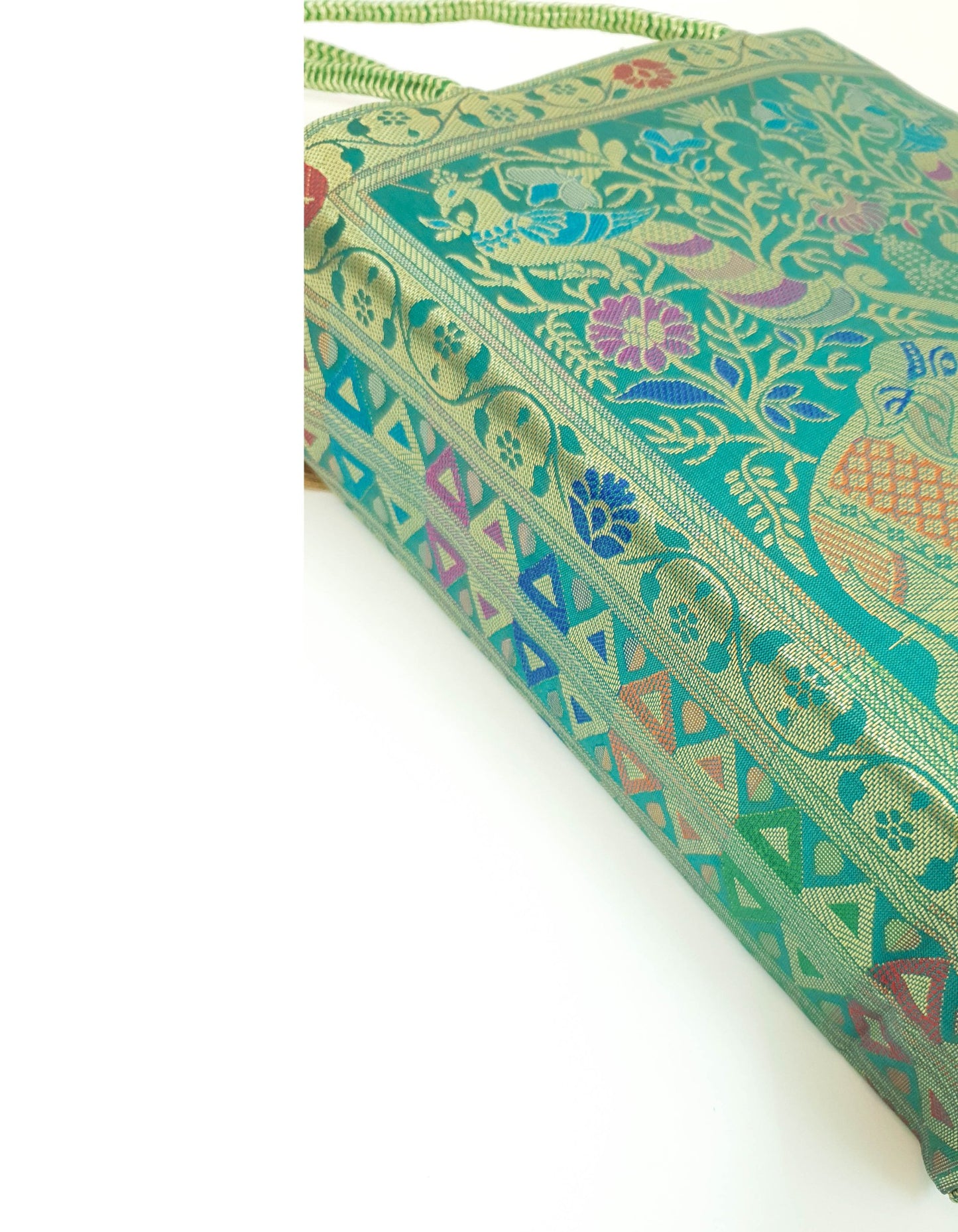 Handbag Ethnic Peacock Elephant Woven Zari Brocade Teal Green Shoulder Hand Bag