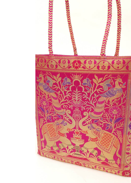 Pink Handbag Indian Ethnic Peacock Elephant Woven Zari Brocade Shoulder Hand Bag