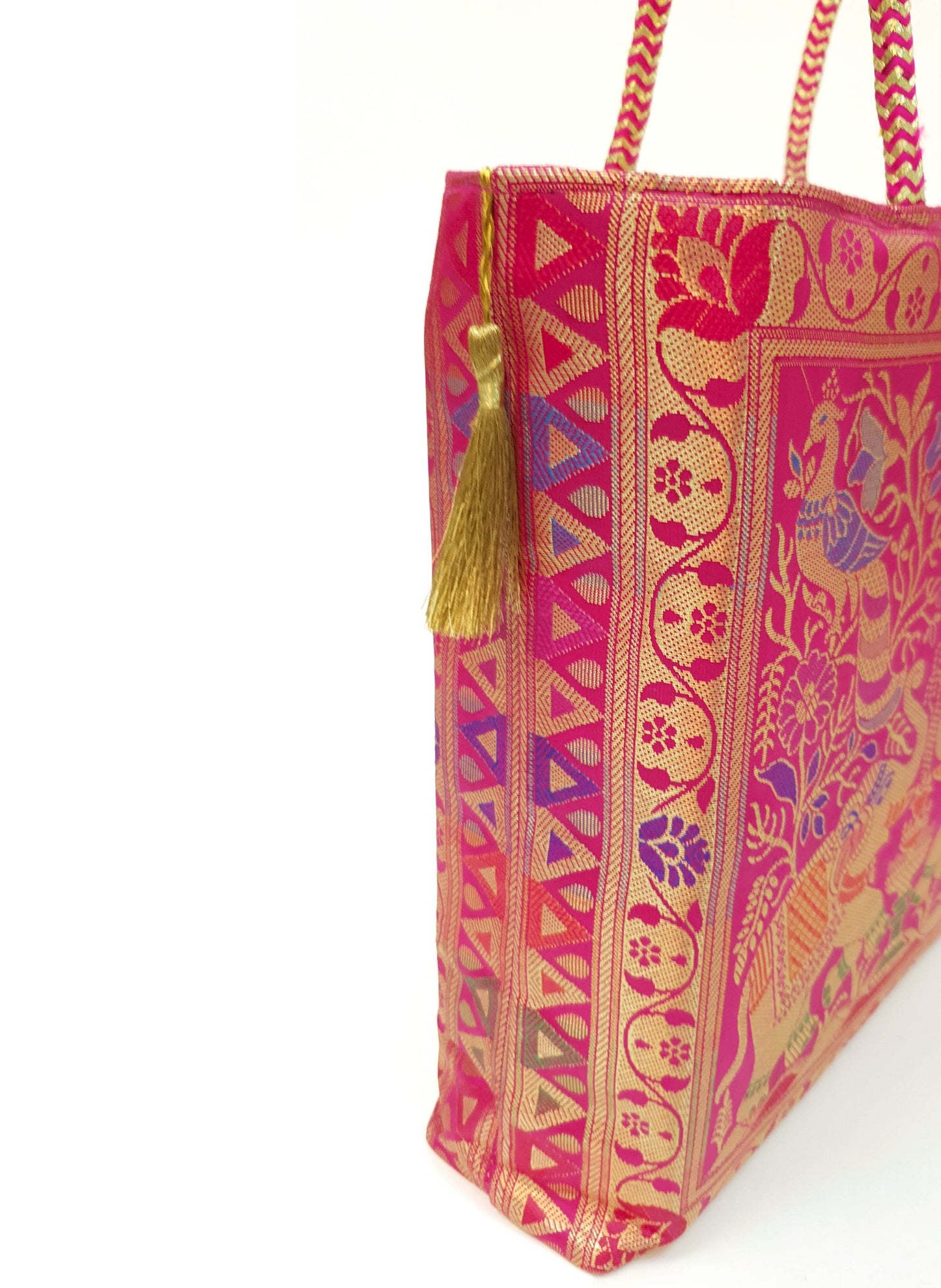 Pink Handbag Indian Ethnic Peacock Elephant Woven Zari Brocade Shoulder Hand Bag