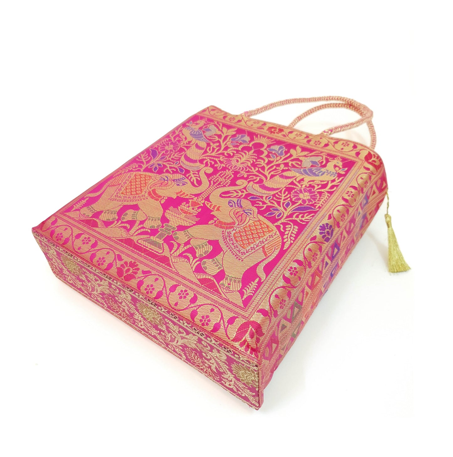 Pink Handbag Indian Ethnic Peacock Elephant Woven Zari Brocade Shoulder Hand Bag