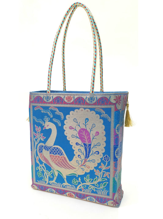 Handbag Indian Ethnic Peacock Woven Zari Brocade Fabric Blue Shoulder Hand Bag