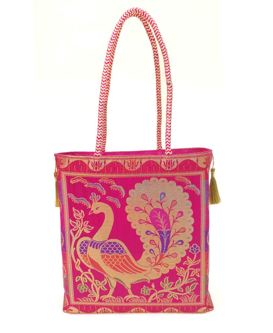 Pink Handbag Indian Ethnic Woven Zari Brocade Fabric Peacock Shoulder Hand Bag
