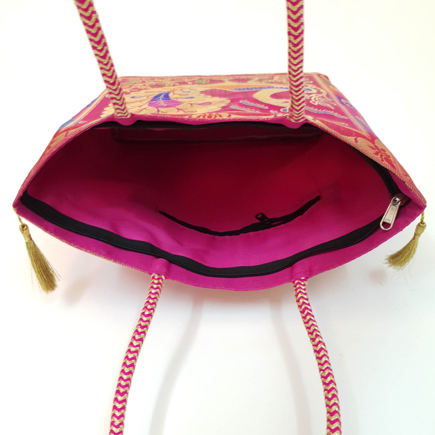 Pink Handbag Indian Ethnic Woven Zari Brocade Fabric Peacock Shoulder Hand Bag