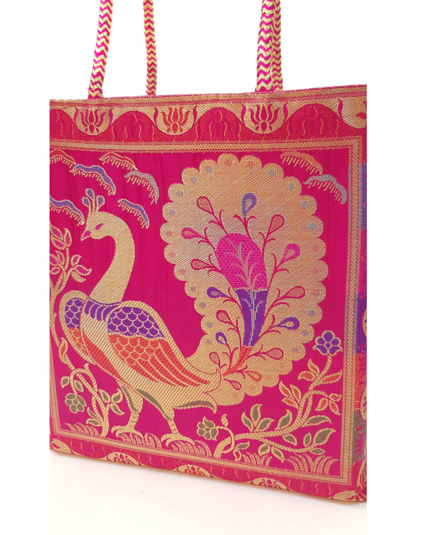 Pink Handbag Indian Ethnic Woven Zari Brocade Fabric Peacock Shoulder Hand Bag