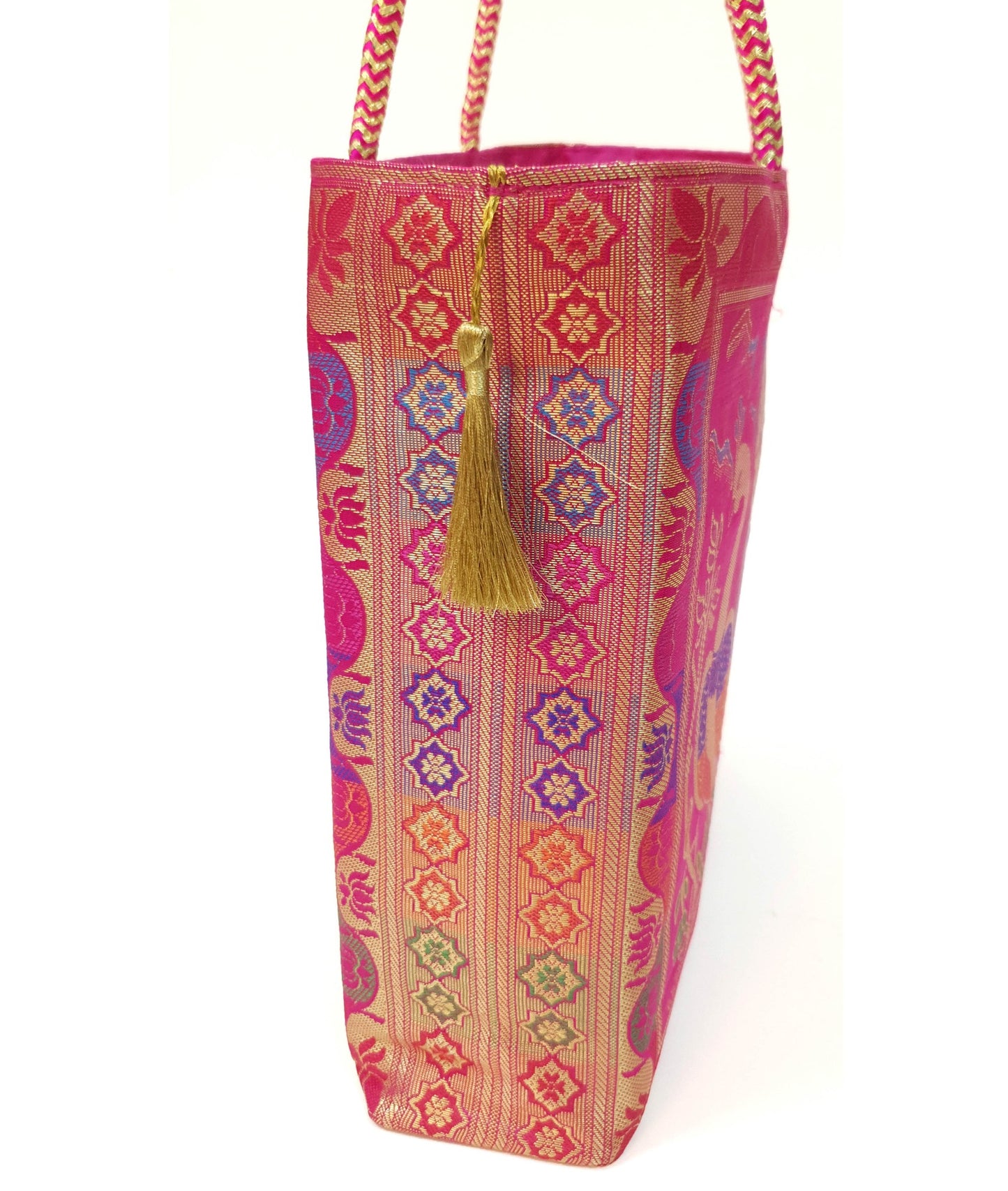 Pink Handbag Indian Ethnic Woven Zari Brocade Fabric Peacock Shoulder Hand Bag