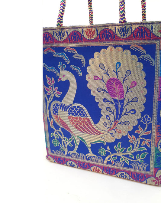 Blue Handbag Indian Ethnic Peacock Woven Zari Brocade Fabric Shoulder Hand Bag