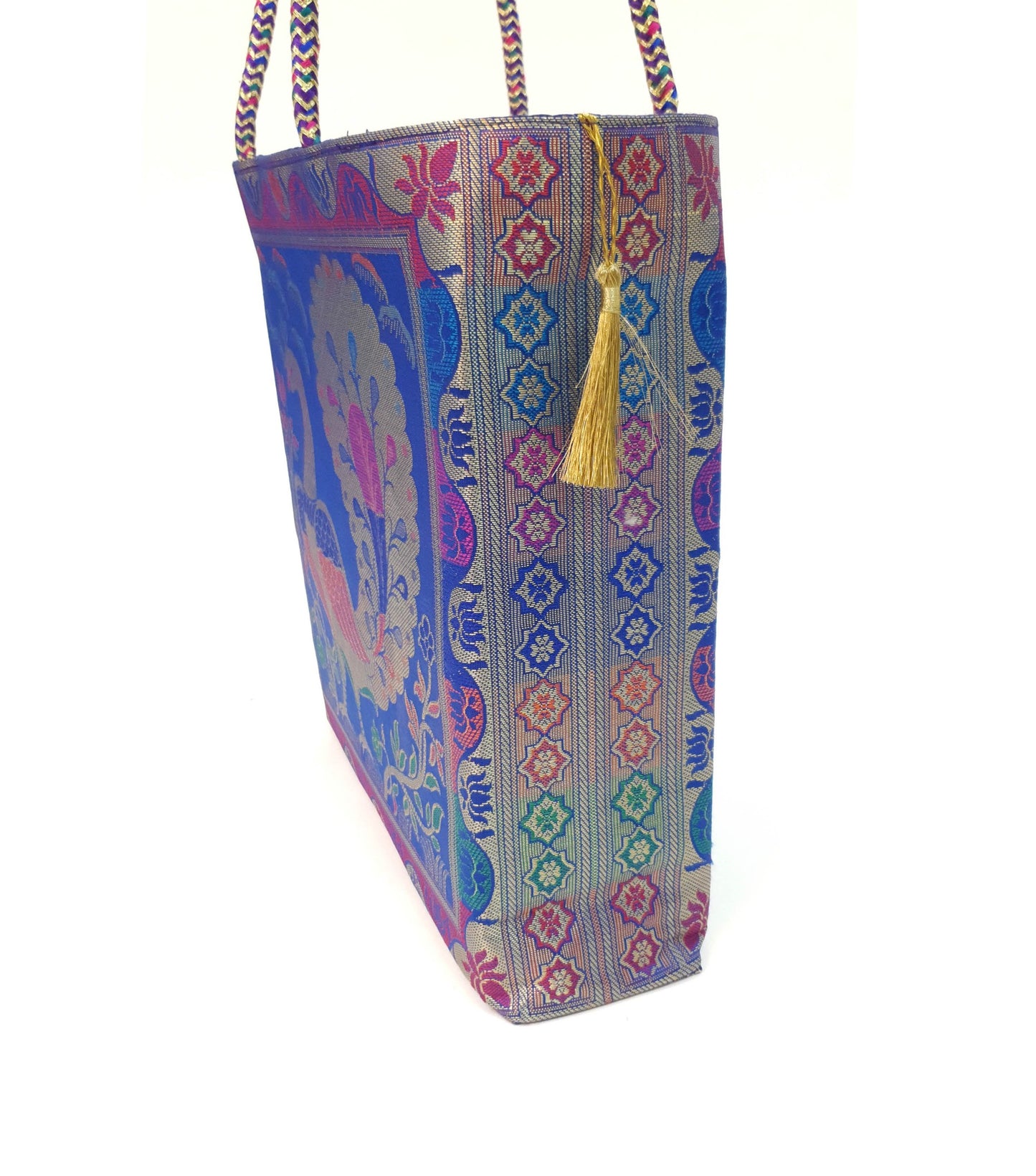 Blue Handbag Indian Ethnic Peacock Woven Zari Brocade Fabric Shoulder Hand Bag