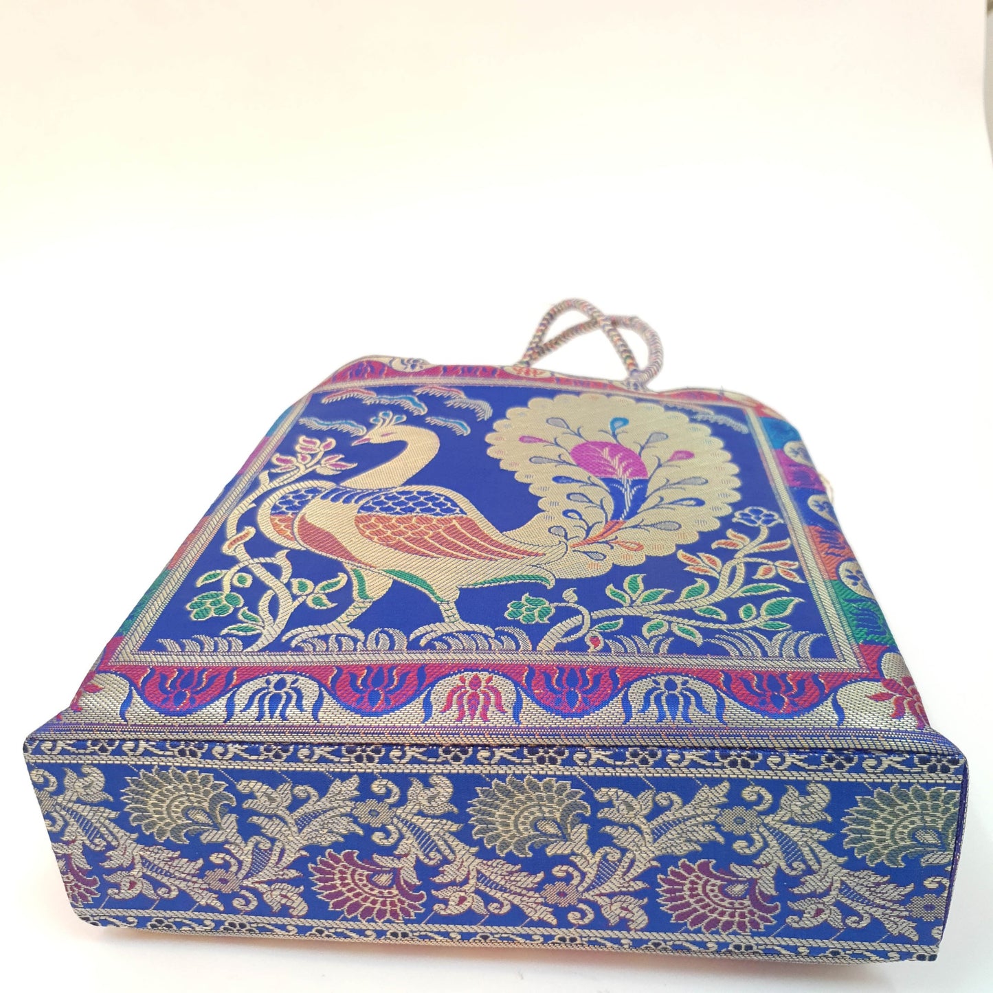 Blue Handbag Indian Ethnic Peacock Woven Zari Brocade Fabric Shoulder Hand Bag
