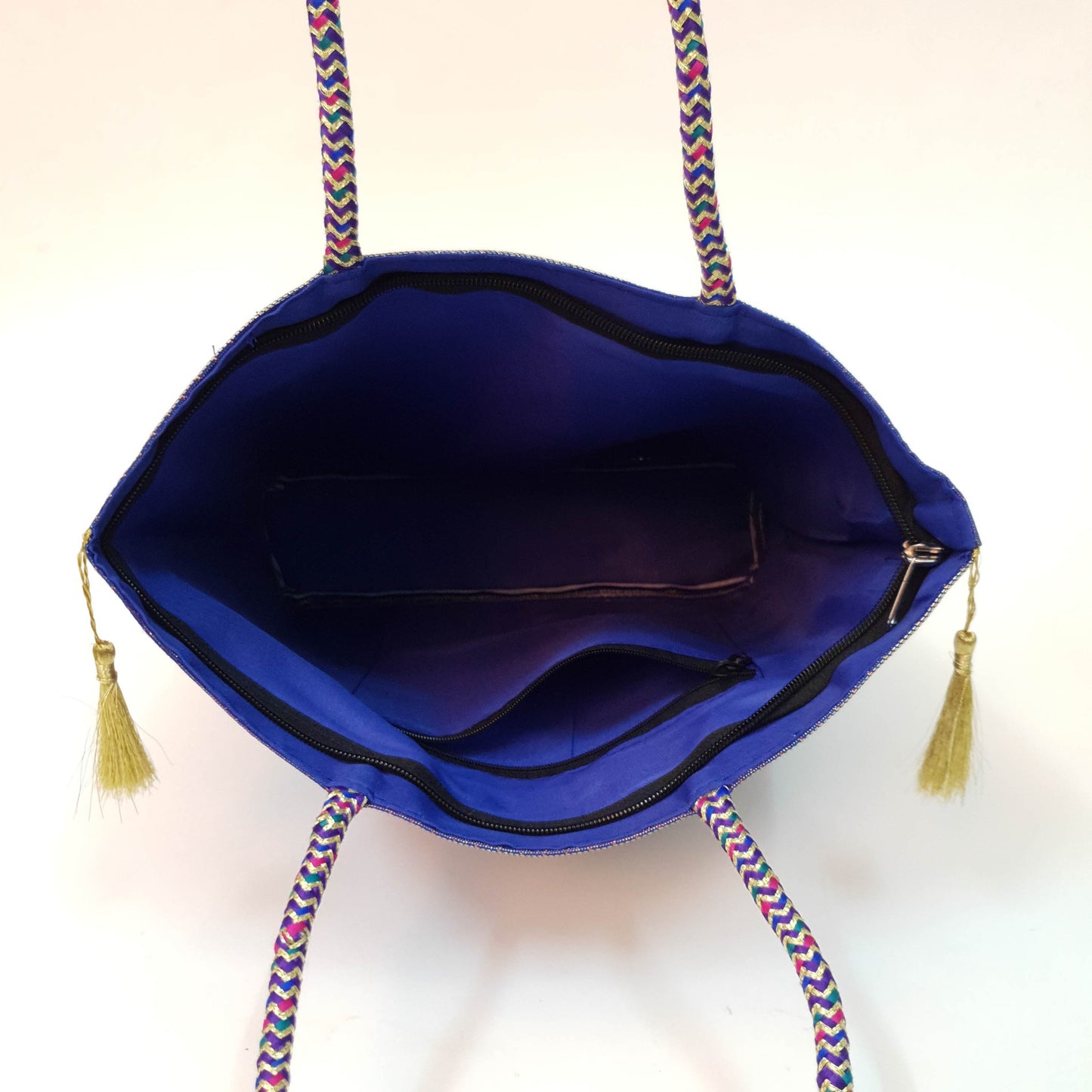 Blue Handbag Indian Ethnic Peacock Woven Zari Brocade Fabric Shoulder Hand Bag