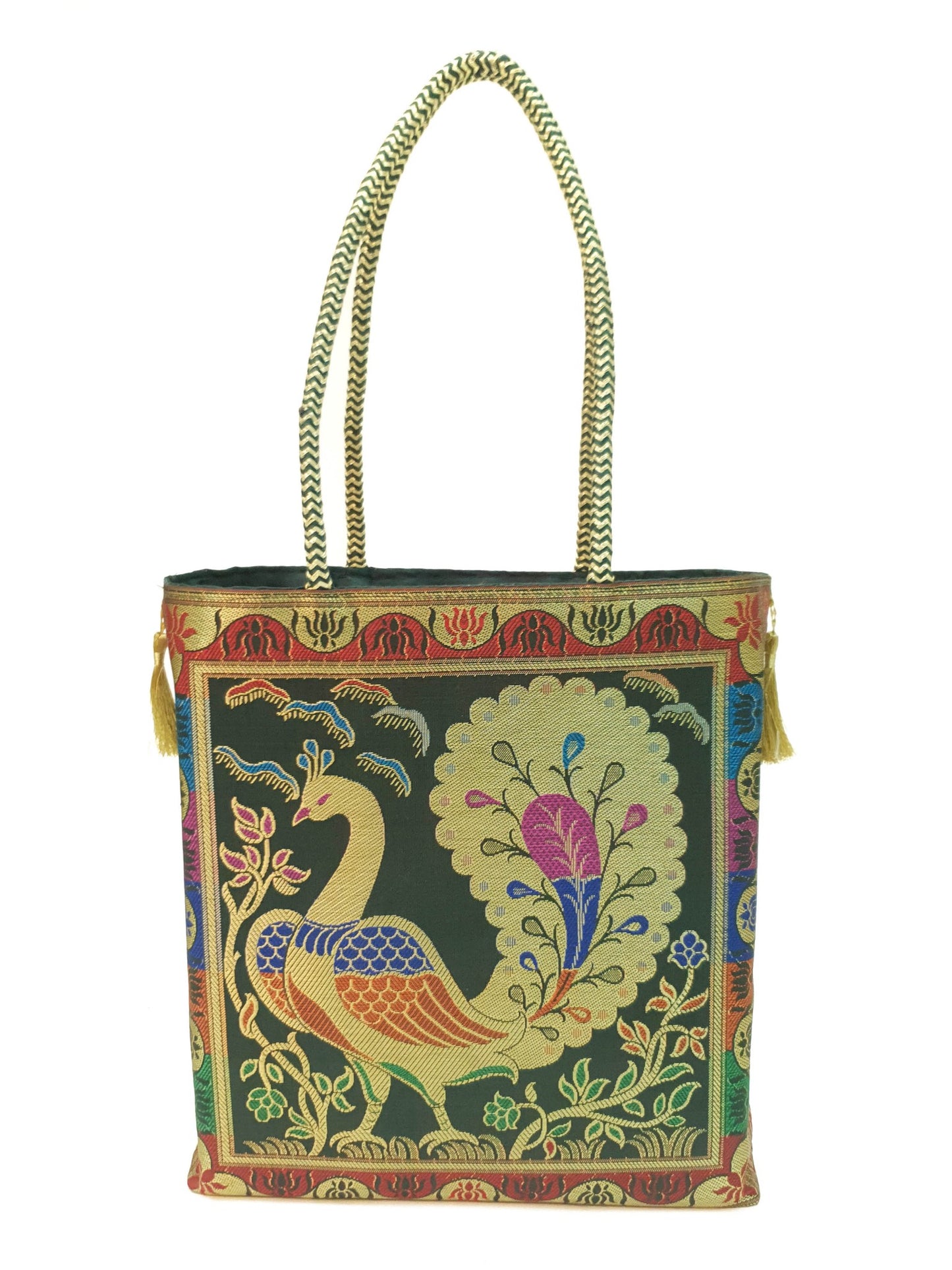 Bottle Green Handbag Ethnic Peacock Woven Zari Brocade Fabric Shoulder Hand Bag