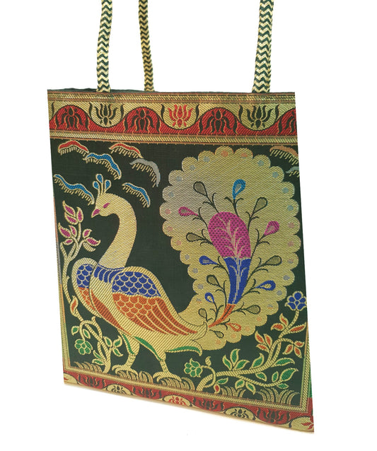 Bottle Green Handbag Ethnic Peacock Woven Zari Brocade Fabric Shoulder Hand Bag