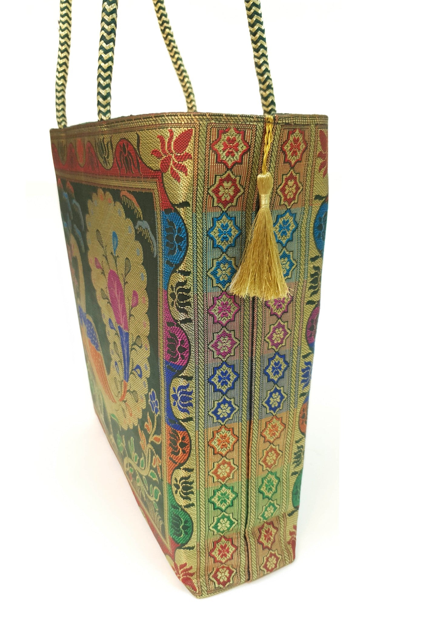 Bottle Green Handbag Ethnic Peacock Woven Zari Brocade Fabric Shoulder Hand Bag
