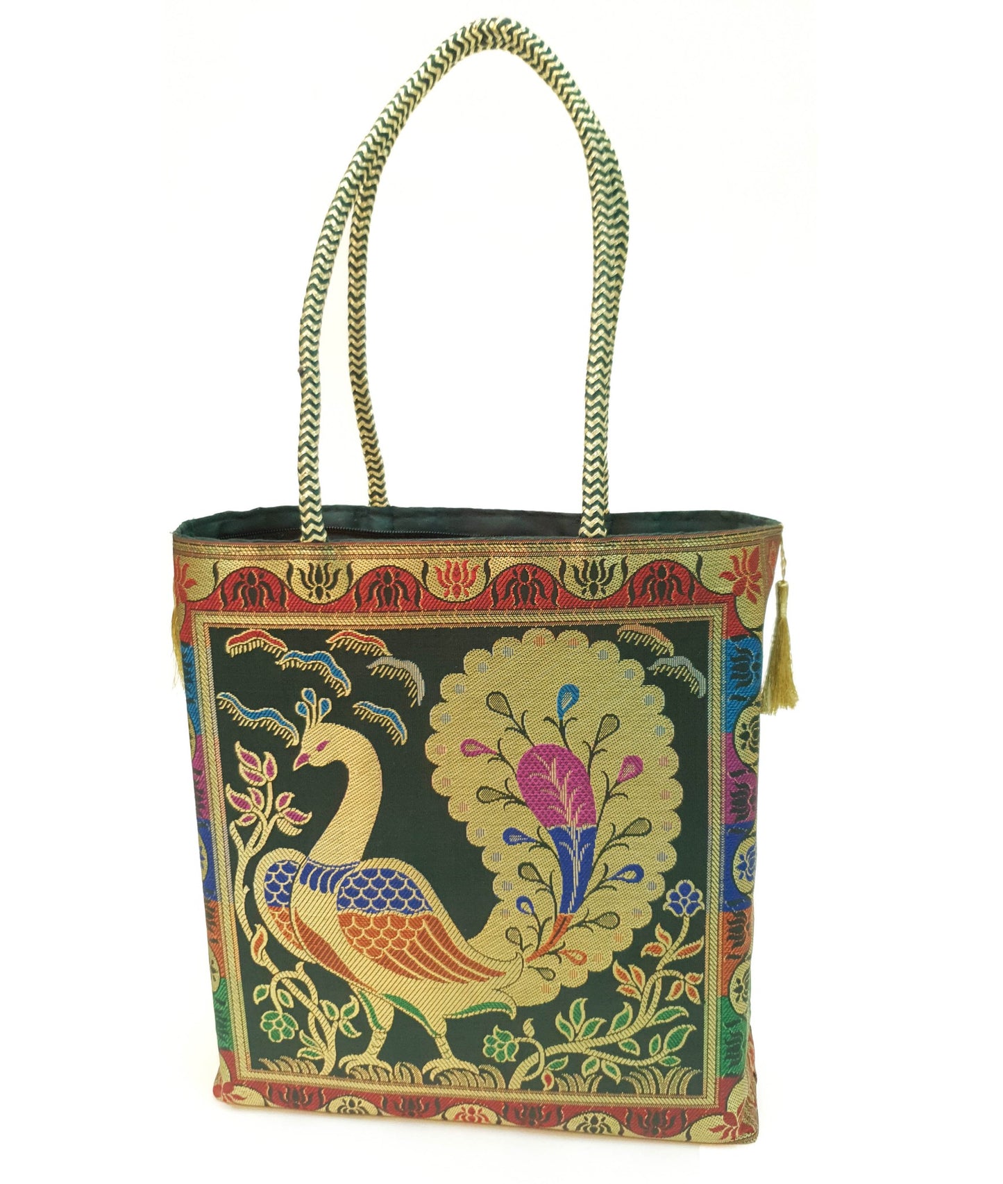 Bottle Green Handbag Ethnic Peacock Woven Zari Brocade Fabric Shoulder Hand Bag