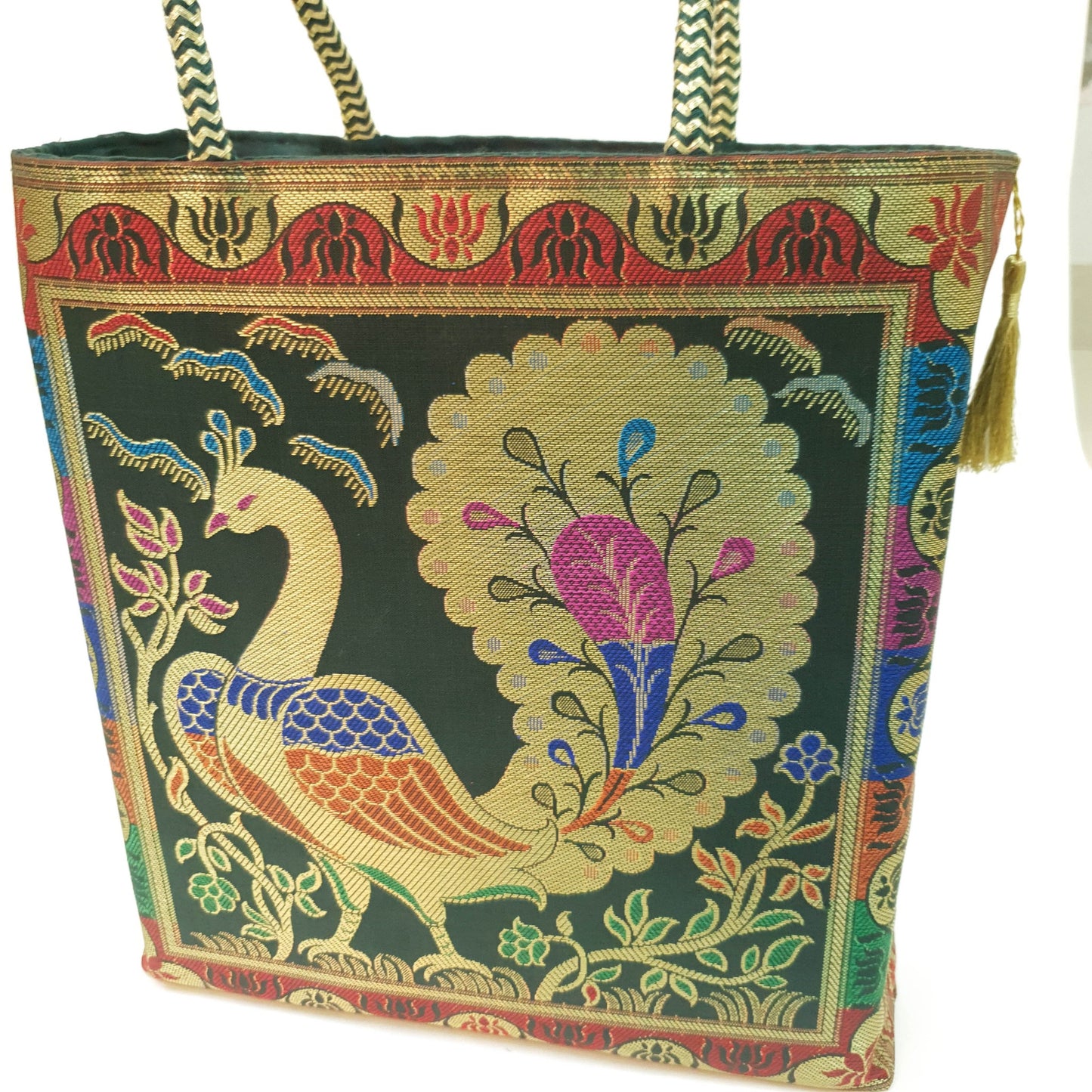 Bottle Green Handbag Ethnic Peacock Woven Zari Brocade Fabric Shoulder Hand Bag