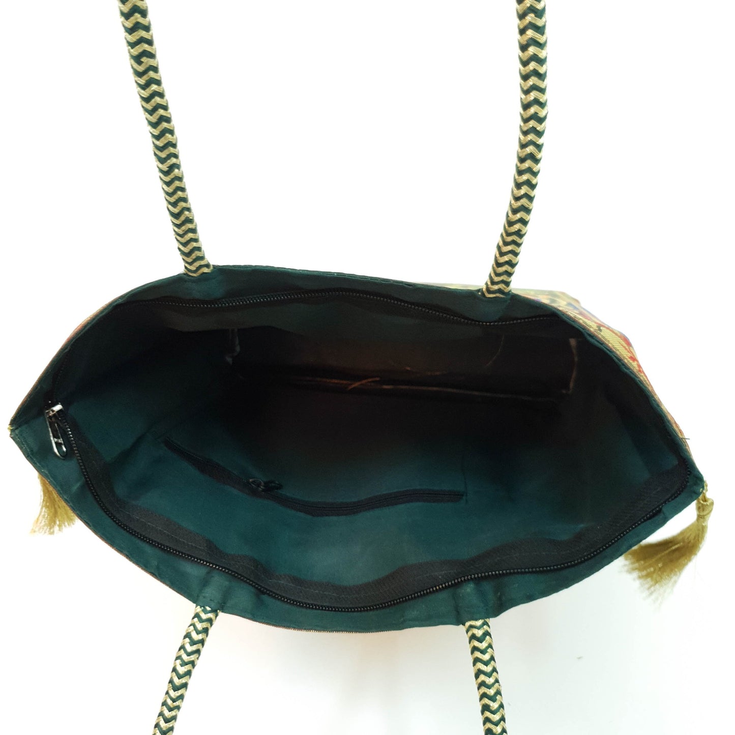 Bottle Green Handbag Ethnic Peacock Woven Zari Brocade Fabric Shoulder Hand Bag