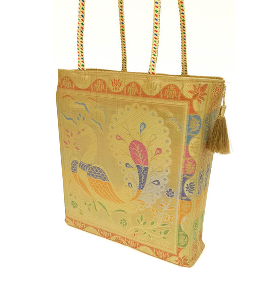 Ethnic Beige Handbag Peacock Woven Zari Brocade Fabric Traditional Shoulder Bag