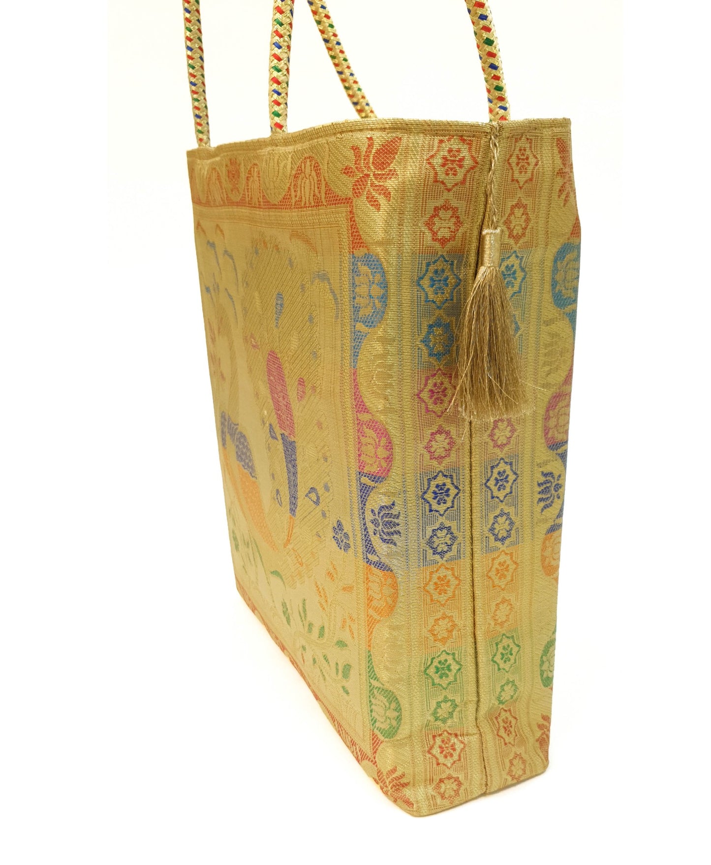 Ethnic Beige Handbag Peacock Woven Zari Brocade Fabric Traditional Shoulder Bag