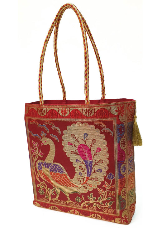Ethnic Maroon Handbag Peacock Woven Zari Brocade Fabric Wedding Shoulder Bag