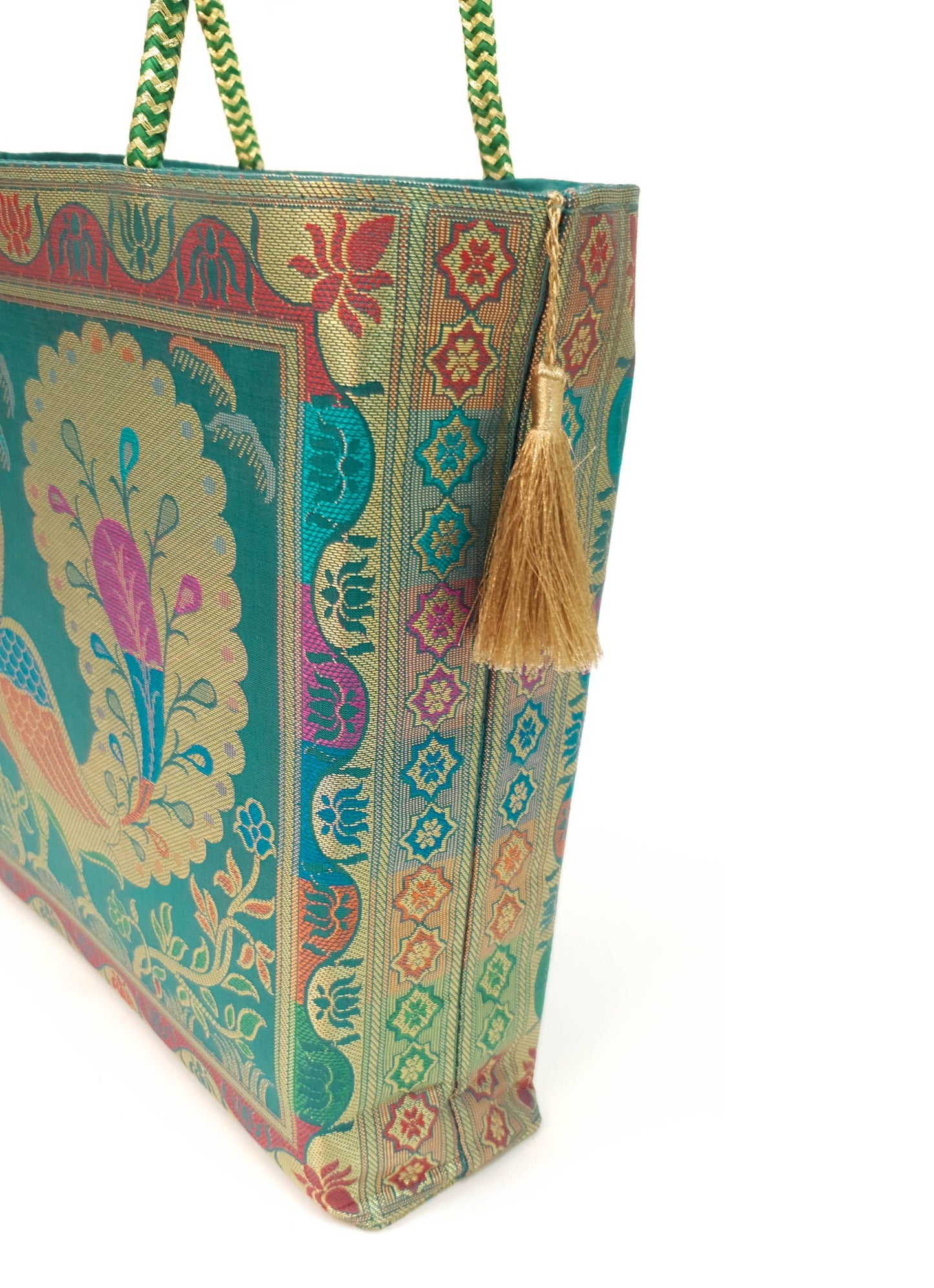 Ethnic Teal Green Handbag Peacock Woven Zari Brocade Fabric Classy Shoulder Bag