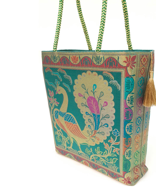 Ethnic Teal Green Handbag Peacock Woven Zari Brocade Fabric Classy Shoulder Bag
