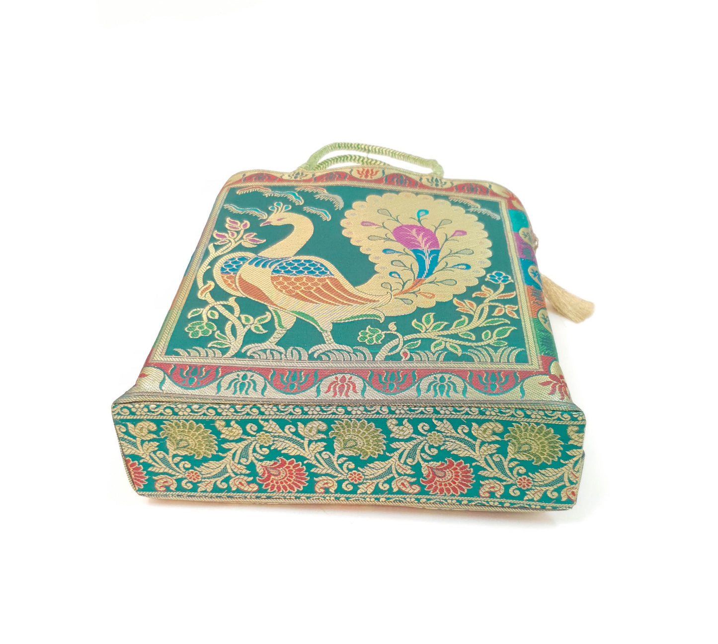 Ethnic Teal Green Handbag Peacock Woven Zari Brocade Fabric Classy Shoulder Bag