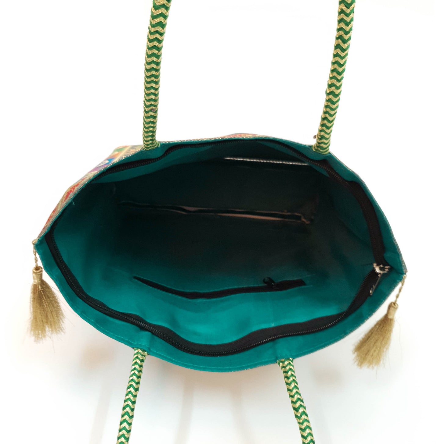 Ethnic Teal Green Handbag Peacock Woven Zari Brocade Fabric Classy Shoulder Bag