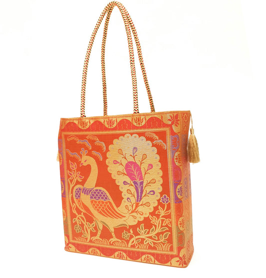 Ethnic Handbag Orange Peacock Woven Zari Brocade Fabric Casual Shoulder Bag