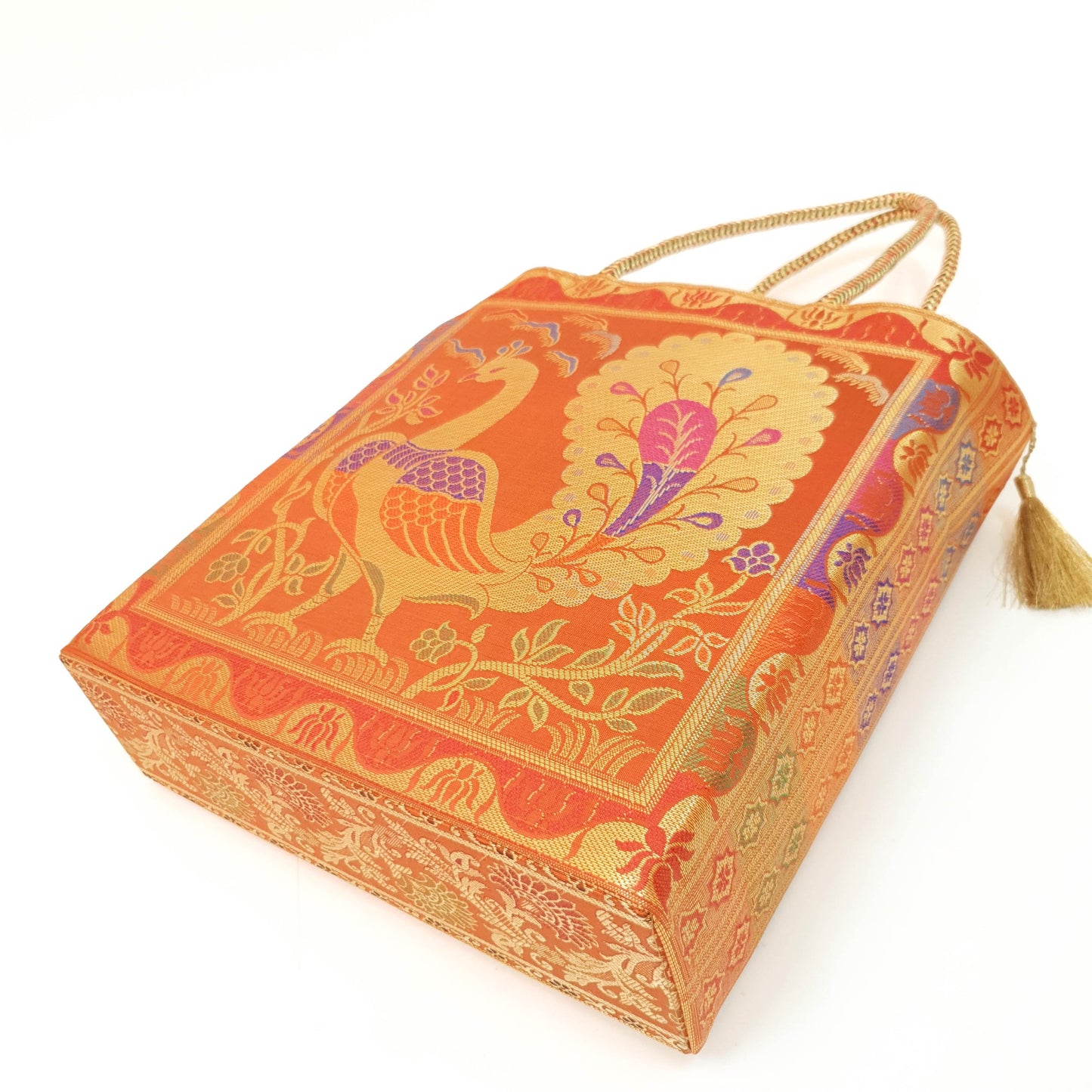 Ethnic Handbag Orange Peacock Woven Zari Brocade Fabric Casual Shoulder Bag