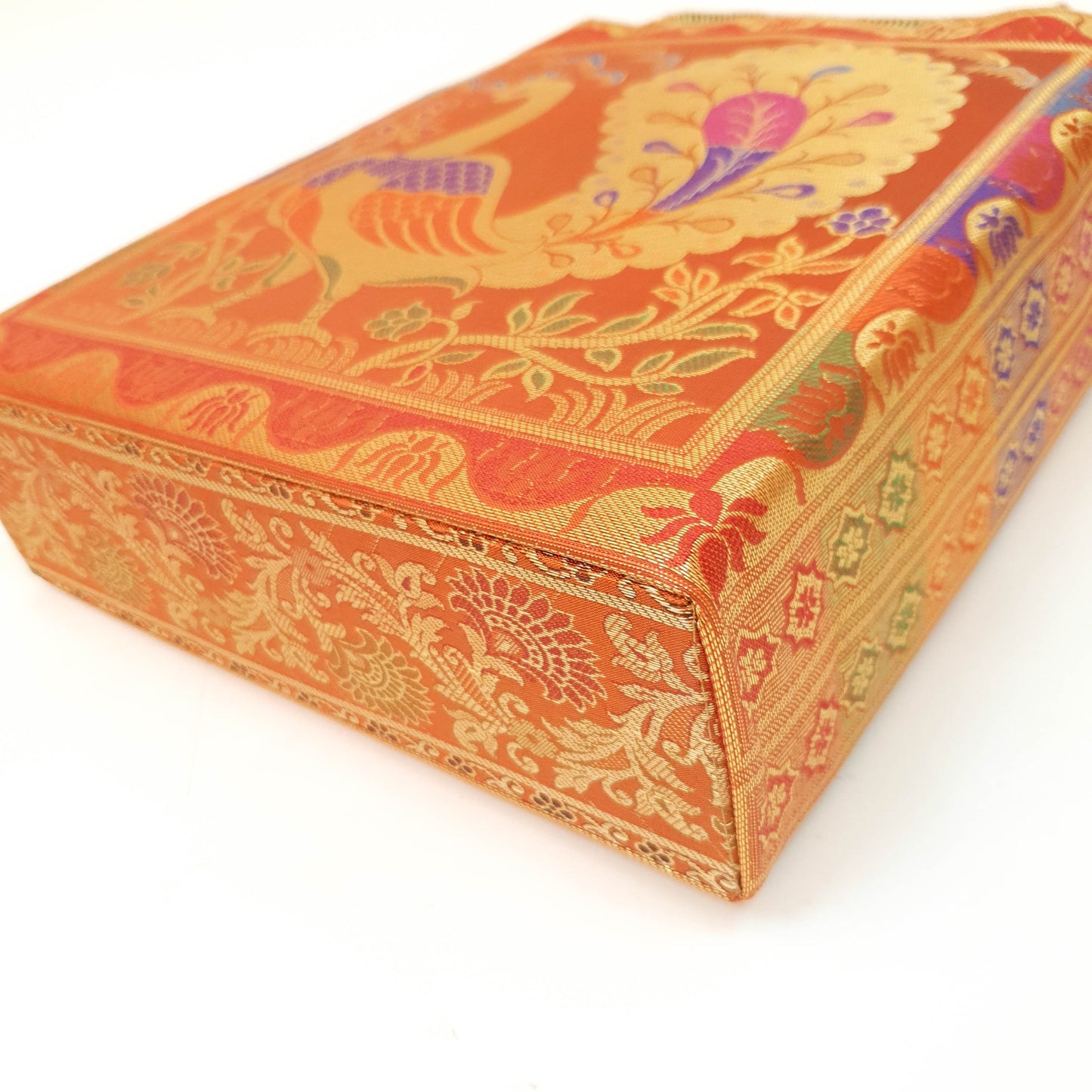 Ethnic Handbag Orange Peacock Woven Zari Brocade Fabric Casual Shoulder Bag
