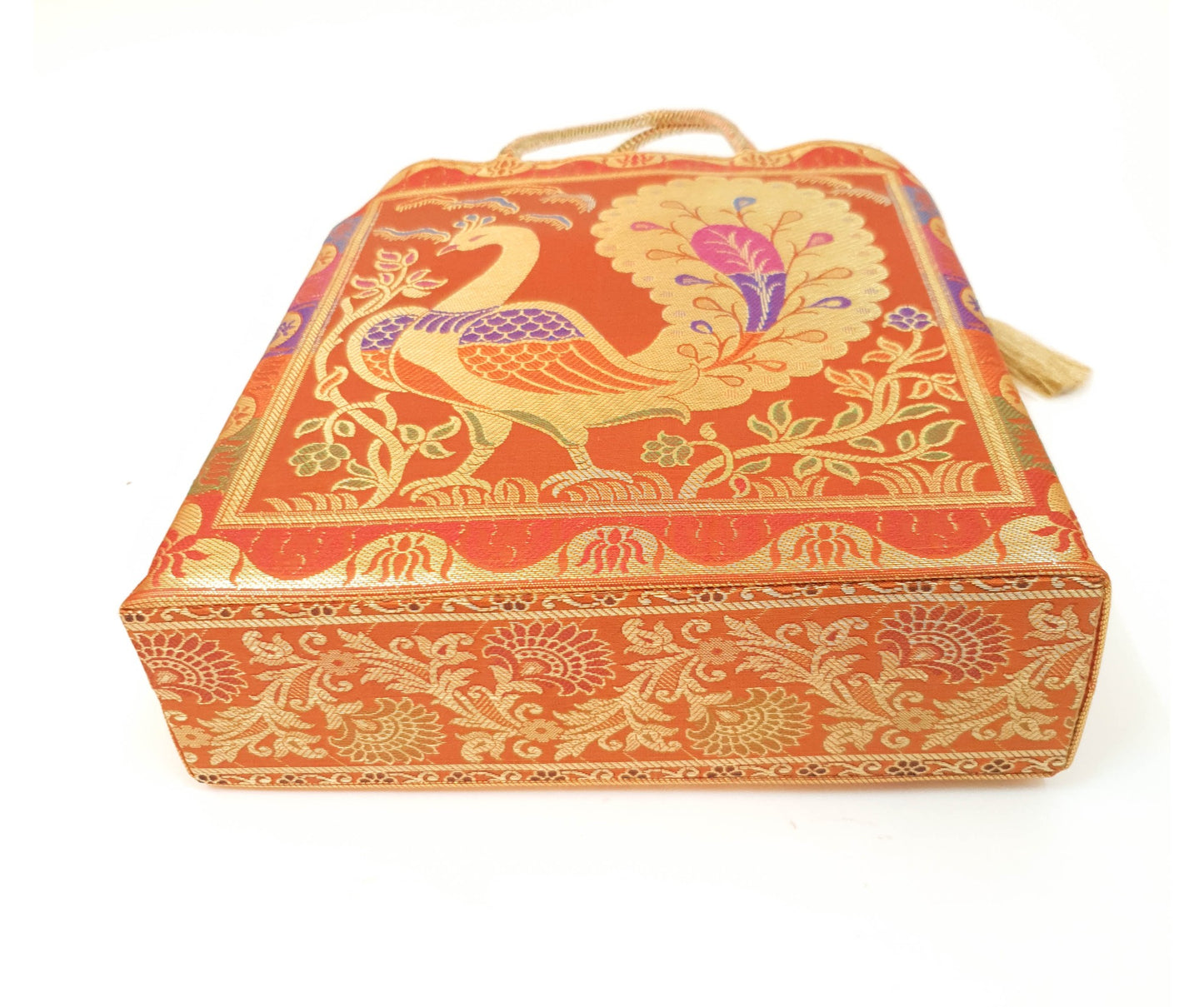 Ethnic Handbag Orange Peacock Woven Zari Brocade Fabric Casual Shoulder Bag