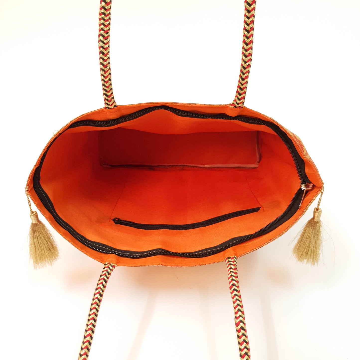 Ethnic Handbag Orange Peacock Woven Zari Brocade Fabric Casual Shoulder Bag
