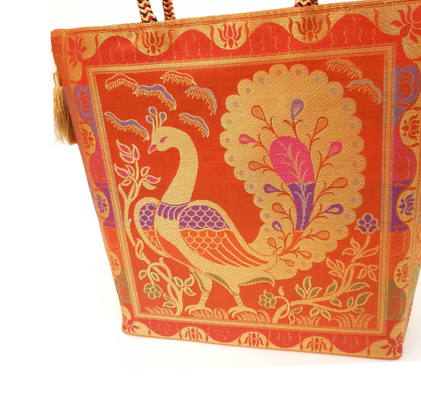 Ethnic Handbag Orange Peacock Woven Zari Brocade Fabric Casual Shoulder Bag
