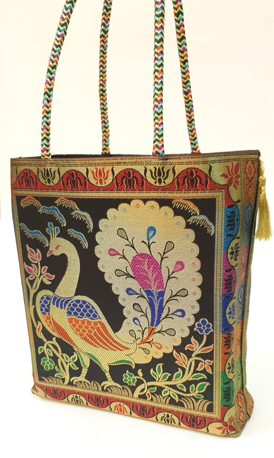 Black Handbag Indian Ethnic Peacock Woven Zari Brocade Fabric Shoulder Hand Bag