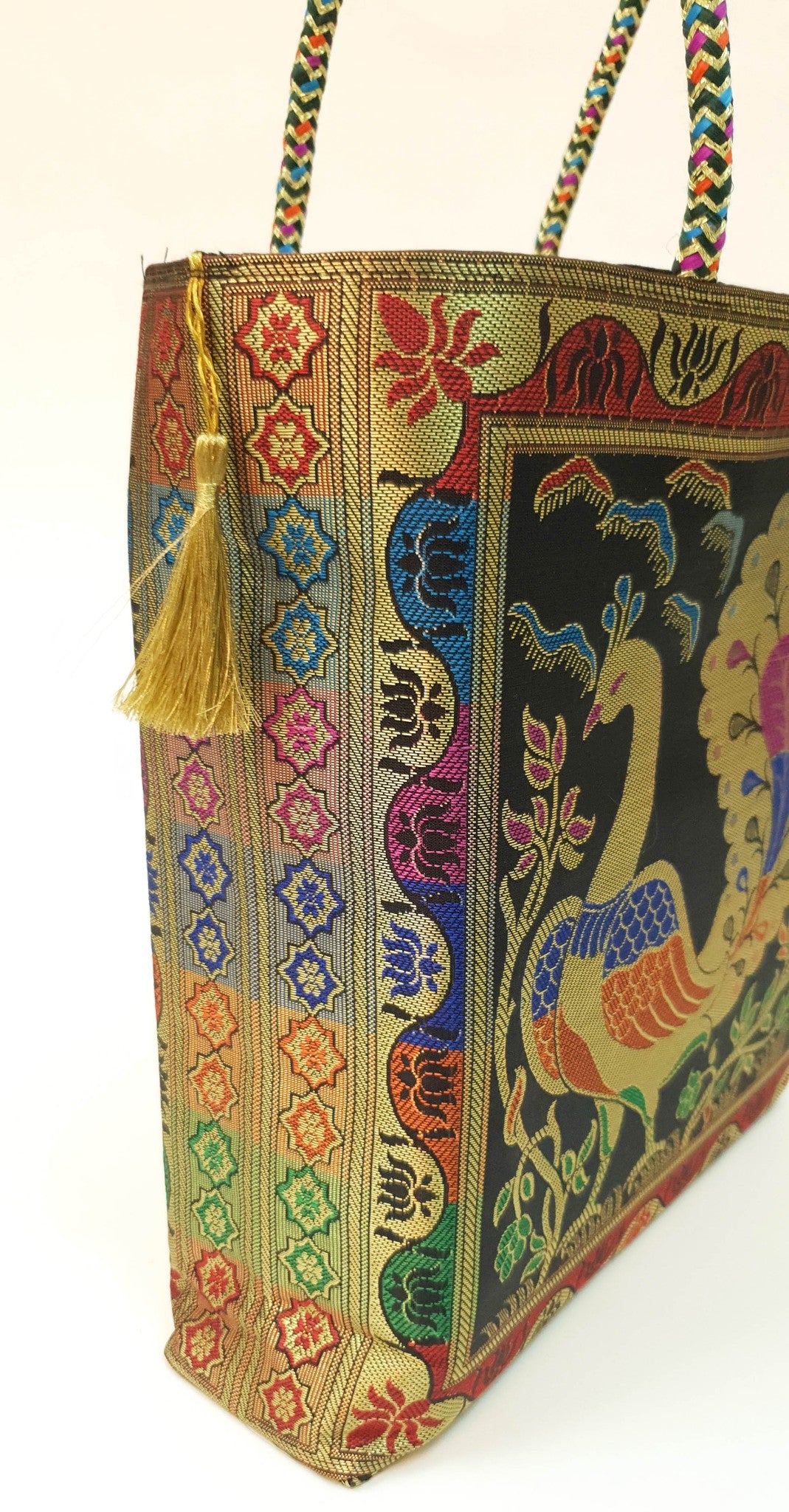 Black Handbag Indian Ethnic Peacock Woven Zari Brocade Fabric Shoulder Hand Bag