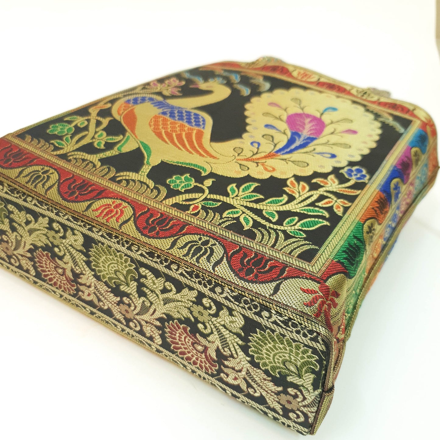 Black Handbag Indian Ethnic Peacock Woven Zari Brocade Fabric Shoulder Hand Bag