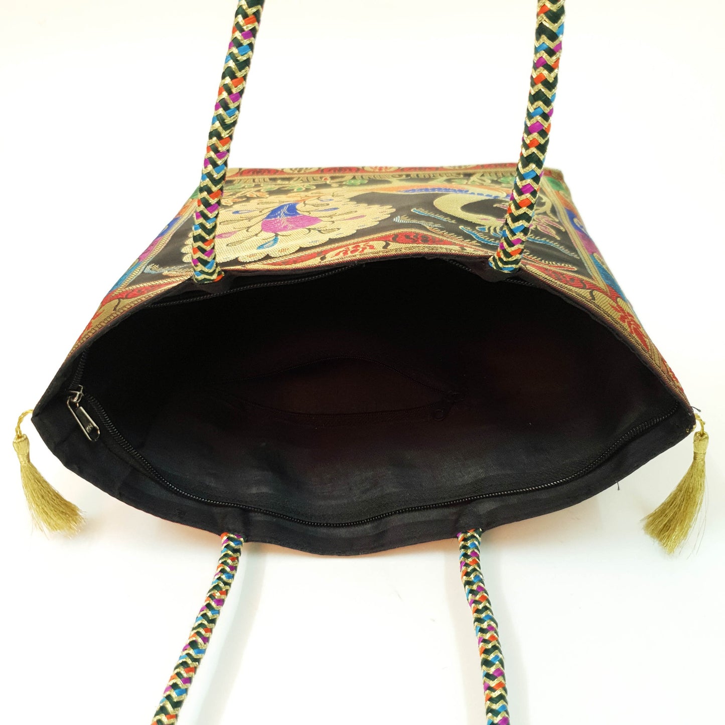 Black Handbag Indian Ethnic Peacock Woven Zari Brocade Fabric Shoulder Hand Bag