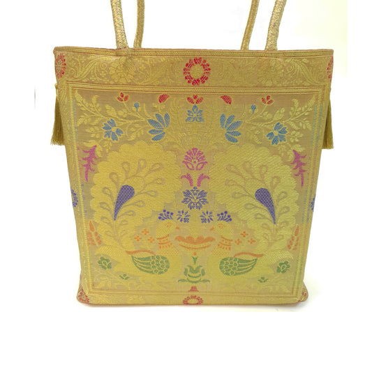 Peacock Woven Handbag Indian Ethnic Zari Brocade Women Beige Shoulder Hand Bag