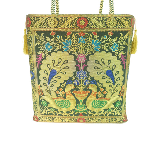 Peacock Woven Handbag Indian Ethnic Zari Brocade Women Dark Green Shoulder Bag