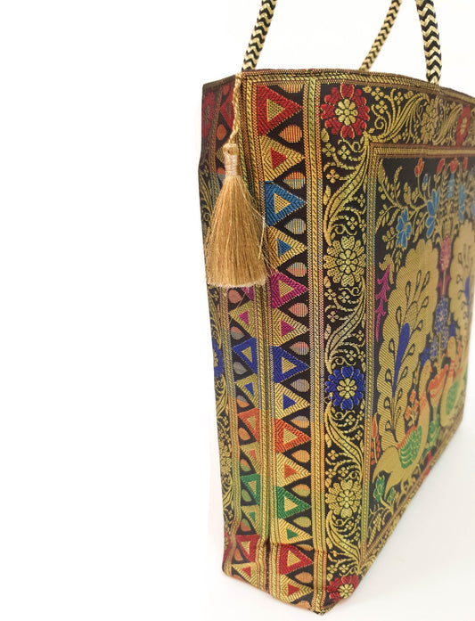 Peacock Woven Handbag Black Indian Ethnic Zari Brocade Women Shoulder Hand Bag