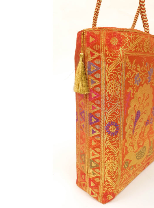 Peacock Woven Handbag Indian Orange Ethnic Zari Brocade Women Shoulder Hand Bag