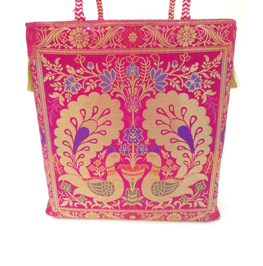 Hot Pink Peacock Woven Handbag Indian Ethnic Zari Brocade Women Shoulder Bag