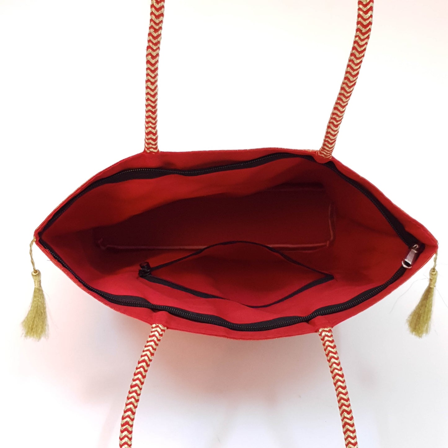 Wedding Red Hand Bag Banarasi Zari Brocade Golden Tassels in Elephant Motif